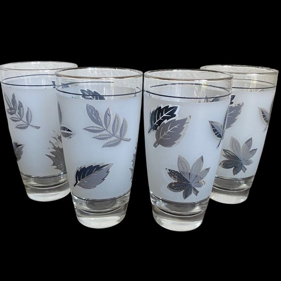 Vintage Libby Silver Leaves Frosted MCM Drinkware Set Of 4 - Picture 3 of 16